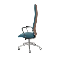 Fauteuil de bureau Directa - tissu - haut dossier bois - piétement aluminium poli - manchettes cuir noir