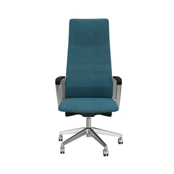 Fauteuil de bureau Directa - tissu - haut dossier bois - piétement aluminium poli - manchettes cuir noir