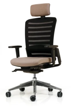 Fauteuil de bureau F8 - assise tissu et dossier résille Stripes 2 - piétement aluminium poli - avec appui-tête