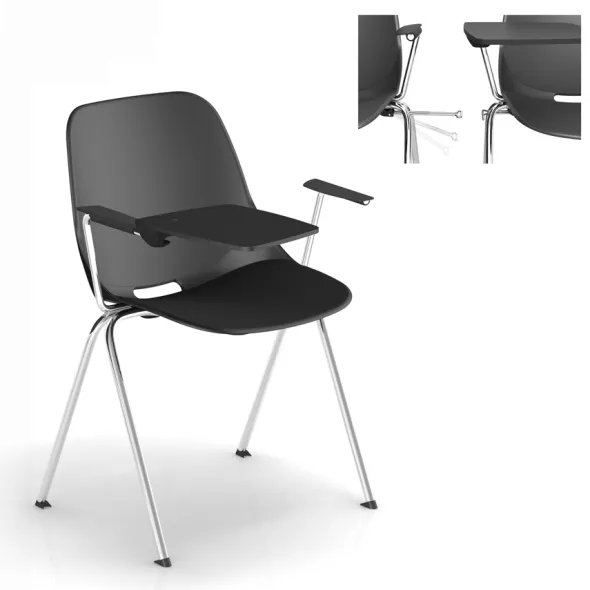 Fauteuil 4 pieds Bakea - polypropylène - tablette écritoire intégrée - piét. chrome - empilable accrochable - lot de 3