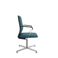 Fauteuil pivotant retour point fixe Directa - tissu - dossier bois - piétement aluminium poli sur patins