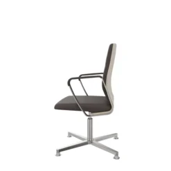 Fauteuil pivotant retour point fixe Directa - cuir - dossier bois - piétement aluminium poli sur patins