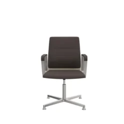 Fauteuil pivotant retour point fixe Directa - cuir - dossier bois - piétement aluminium poli sur patins