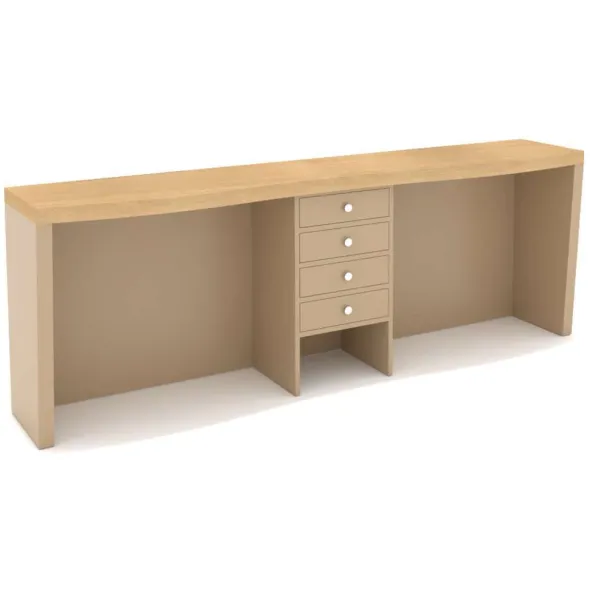 Meuble salon de coiffure - l. 225 x h. 79 x pr. 40 cm - caisson central 4 tiroirs 1 niche