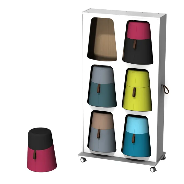 Mur de rangements avec 6 poufs oscillants Kulbu - pouf polyéthylène avec assise tapissée textile enduit lisse