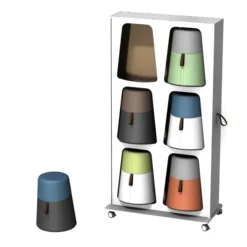 Mur de rangements avec 6 poufs oscillants Kulbu - pouf polyéthylène avec assise tapissée textile enduit grainé