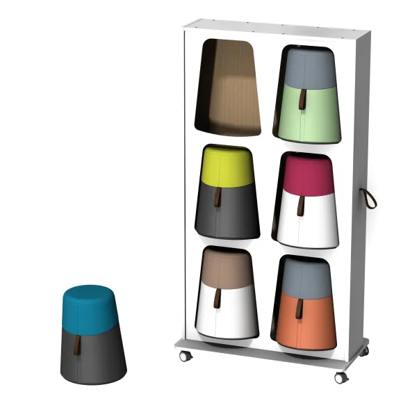 Mur de rangements avec 6 poufs oscillants Kulbu - pouf polyéthylène avec tout tapissé textile enduit lisse