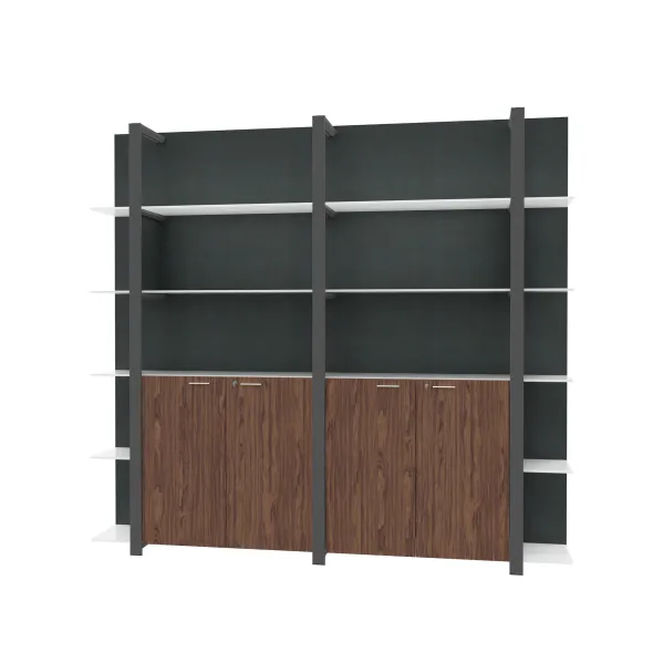 Mur d'étagères Quadri Prestige - h. 219 x l. 235 cm - 4 portes battantes et haut ouvert - avec tablettes verre