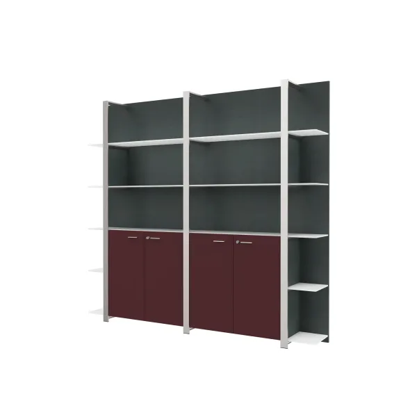 Mur d'étagères Quadri Prestige - h. 219 x l. 235 cm - 4 portes battantes cuir et haut ouvert - avec tablettes verre