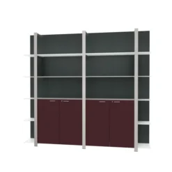 Mur d'étagères Quadri Prestige - h. 219 x l. 235 cm - 4 portes battantes cuir et haut ouvert - avec tablettes verre