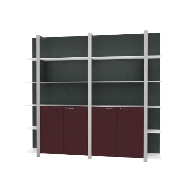 Mur d'étagères Quadri Prestige - h. 219 x l. 235 cm - 4 portes battantes cuir et haut ouvert - avec tablettes verre