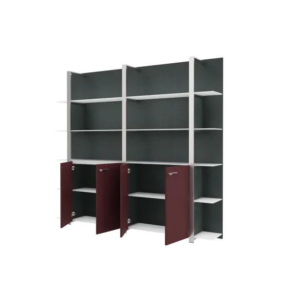 Mur d'étagères Quadri Prestige - h. 219 x l. 235 cm - 4 portes battantes cuir et haut ouvert - avec tablettes verre