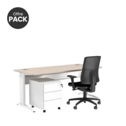 Offre pack : Bureau droit Corial - l. 160 cm + caisson mobile 3 tiroirs plats + fauteuil - délai court