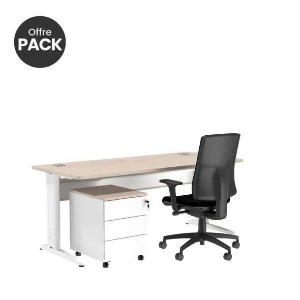 Offre pack : Bureau droit Corial - l. 160 cm + caisson mobile 3 tiroirs plats - avec coiffe + fauteuil- délai court