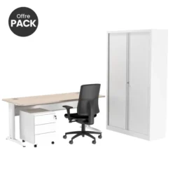 Offre pack : Bureau droit Corial - l. 160 cm + caisson mobile 3 tiroirs plats+armoire haute +fauteuil - délai court