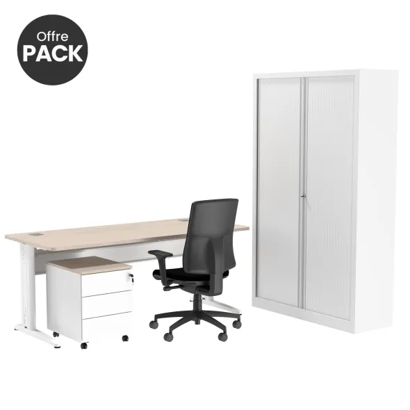 Offre pack : Bureau droit Corial - l. 160 cm + caisson mobile 3 TP - coiffe + armoire haute + fauteuil-délai court