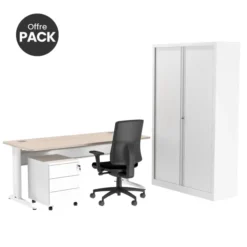 Offre pack : Bureau droit Corial - l. 160 cm + caisson mobile 3 tiroirs plats + armoire haute + fauteuil