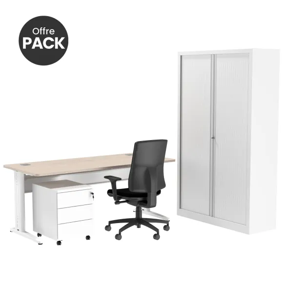 Offre pack : Bureau droit Corial - l. 160 cm + caisson mobile 3 tiroirs plats + armoire haute + fauteuil