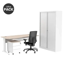 Offre pack : Bureau droit Corial - l. 160 cm + caisson mobile 3 tiroirs plats - coiffe + armoire haute + fauteuil