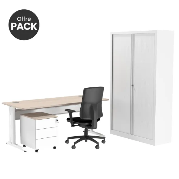 Offre pack : Bureau droit Corial - l. 160 cm + caisson mobile 3 tiroirs plats - coiffe + armoire haute + fauteuil