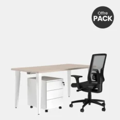 Offre pack : Bureau droit Evidence - l. 160 cm + caisson mobile 3 tiroirs plats + fauteuil - délai court
