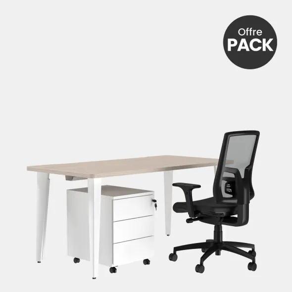 Offre pack : Bureau droit Evidence - l. 160 cm + caisson mobile 3 tiroirs plats + fauteuil - délai court