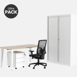 Offre pack : Bureau droit Evidence - l. 160 cm + caisson 3 tiroirs plats + armoire haute + fauteuil - délai court