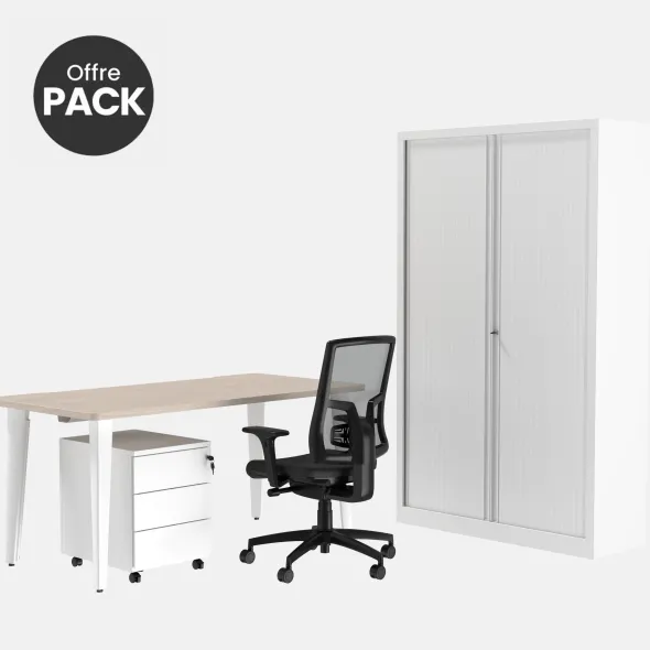 Offre pack : Bureau droit Evidence - l. 160 cm + caisson 3 tiroirs plats + armoire haute + fauteuil - délai court