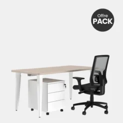 Offre pack : Bureau droit Evidence - l. 160 cm + caisson mobile 3 tiroirs plats + fauteuil
