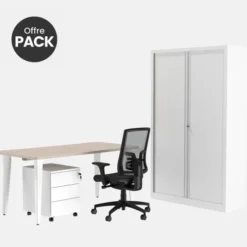 Offre pack : Bureau droit Evidence - l. 160 cm + caisson mobile 3 tiroirs plats + armoire haute + fauteuil