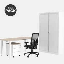Offre pack : Bureau droit Evidence - l. 160 cm + caisson mobile 3 tiroirs plats - coiffe + armoire haute + fauteuil