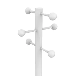 Portemanteau sur socle Access - fût acier blanc et hêtre - 6 patères ABS blanc - avec porte-parapluie