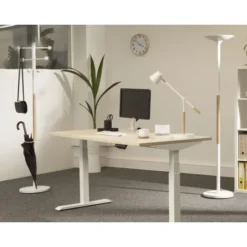 Portemanteau sur socle Access - fût acier blanc et hêtre - 6 patères ABS blanc - avec porte-parapluie