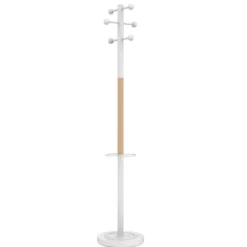 Portemanteau sur socle Access - fût acier blanc et hêtre - 6 patères ABS blanc - avec porte-parapluie