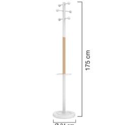 Portemanteau sur socle Access - fût acier blanc et hêtre - 6 patères ABS blanc - avec porte-parapluie