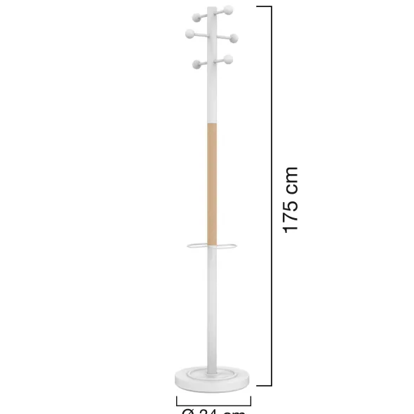 Portemanteau sur socle Access - fût acier blanc et hêtre - 6 patères ABS blanc - avec porte-parapluie