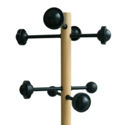 Portemanteau sur socle Accueil - fût bois/acier - noir 8 patères ABS - avec porte-parapluie
