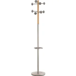 Portemanteau sur socle Accueil - fût bois/acier - noir 8 patères ABS - avec porte-parapluie