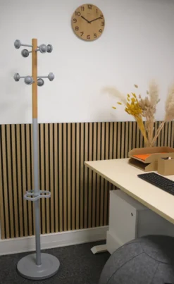 Portemanteau sur socle Accueil - fût bois/acier - gris 8 patères ABS - avec porte-parapluie