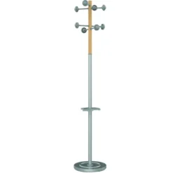 Portemanteau sur socle Accueil - fût bois/acier - gris 8 patères ABS - avec porte-parapluie