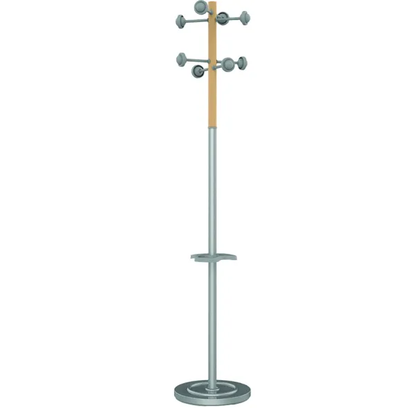 Portemanteau sur socle Accueil - fût bois/acier - gris 8 patères ABS - avec porte-parapluie