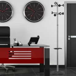 Portemanteau sur socle Accueil Chrome - 8 patères ABS - avec porte-parapluie