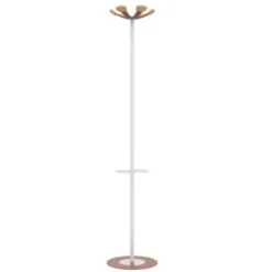Portemanteau sur socle Aurora - fût blanc - 6 patères bois - avec porte-parapluie