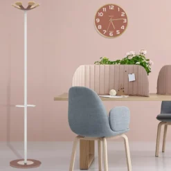 Portemanteau sur socle Aurora - fût blanc - 6 patères bois - avec porte-parapluie