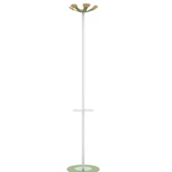Portemanteau sur socle Aurora - fût blanc - 6 patères bois - avec porte-parapluie