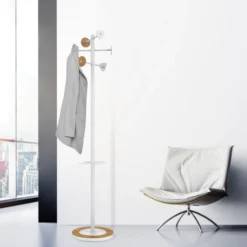 Portemanteau sur socle Bora Bamboo - noir 6 patères acier et bambou - avec porte-parapluie