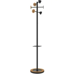 Portemanteau sur socle Bora Bamboo - noir 6 patères acier et bambou - avec porte-parapluie