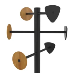Portemanteau sur socle Bora Bamboo - noir 6 patères acier et bambou - avec porte-parapluie