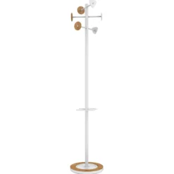 Portemanteau sur socle Bora Bamboo - noir 6 patères acier et bambou - avec porte-parapluie
