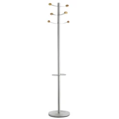 Portemanteau sur socle Bouquet fût acier - 6 patères bois - avec porte-parapluie